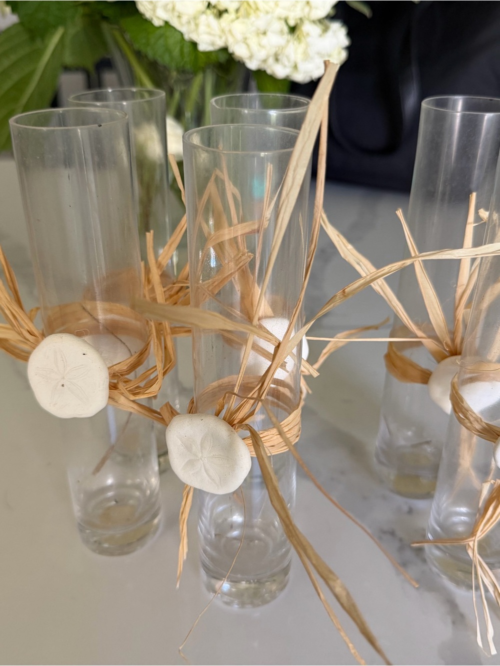 Clear Glass Bud Vases with Natural Raffia and White Sand Dollar Accent